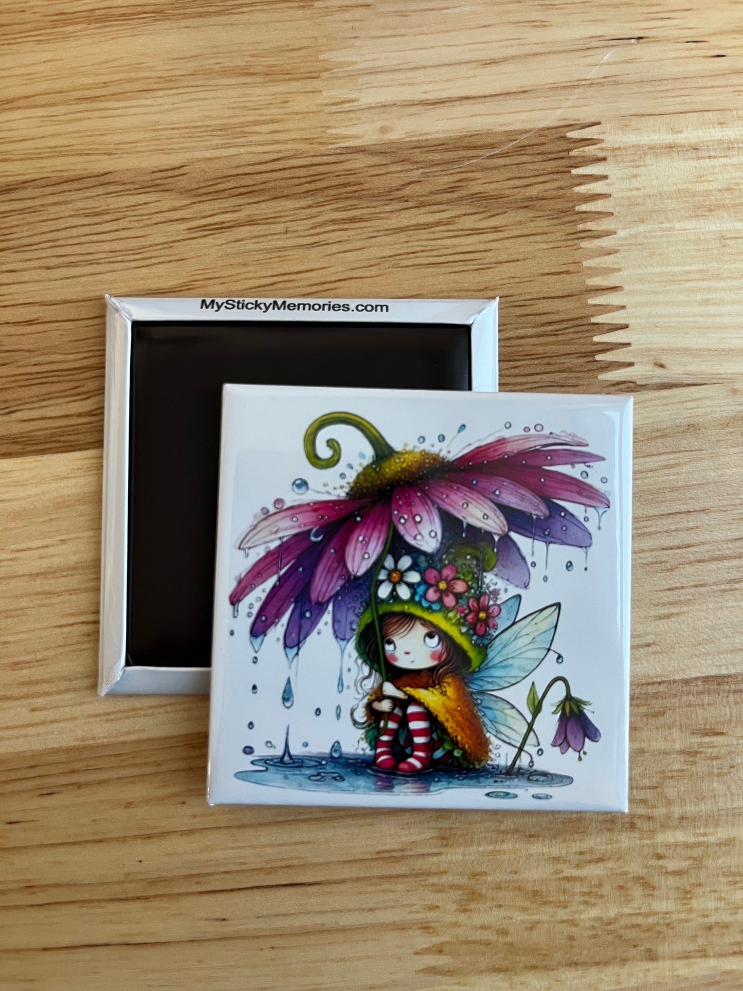 Spring Fairy with Purple Flower Umbrella 2.5" Square Magnet
