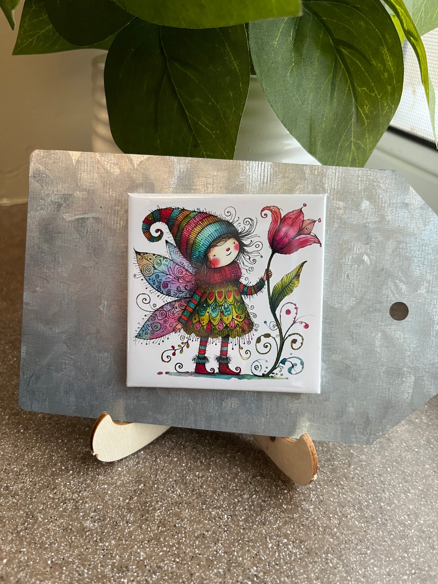 Spring Fairy with Fuchsia Flower 2.5" Square Magnet
