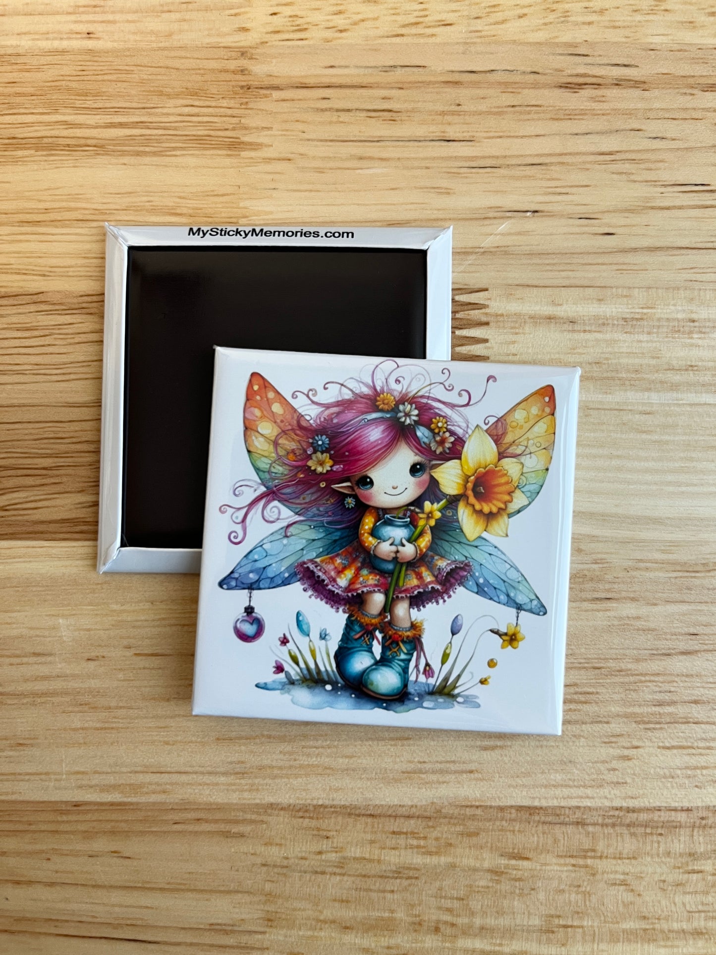 Spring Fairy with Yellow Flower 2.5" Square Magnet