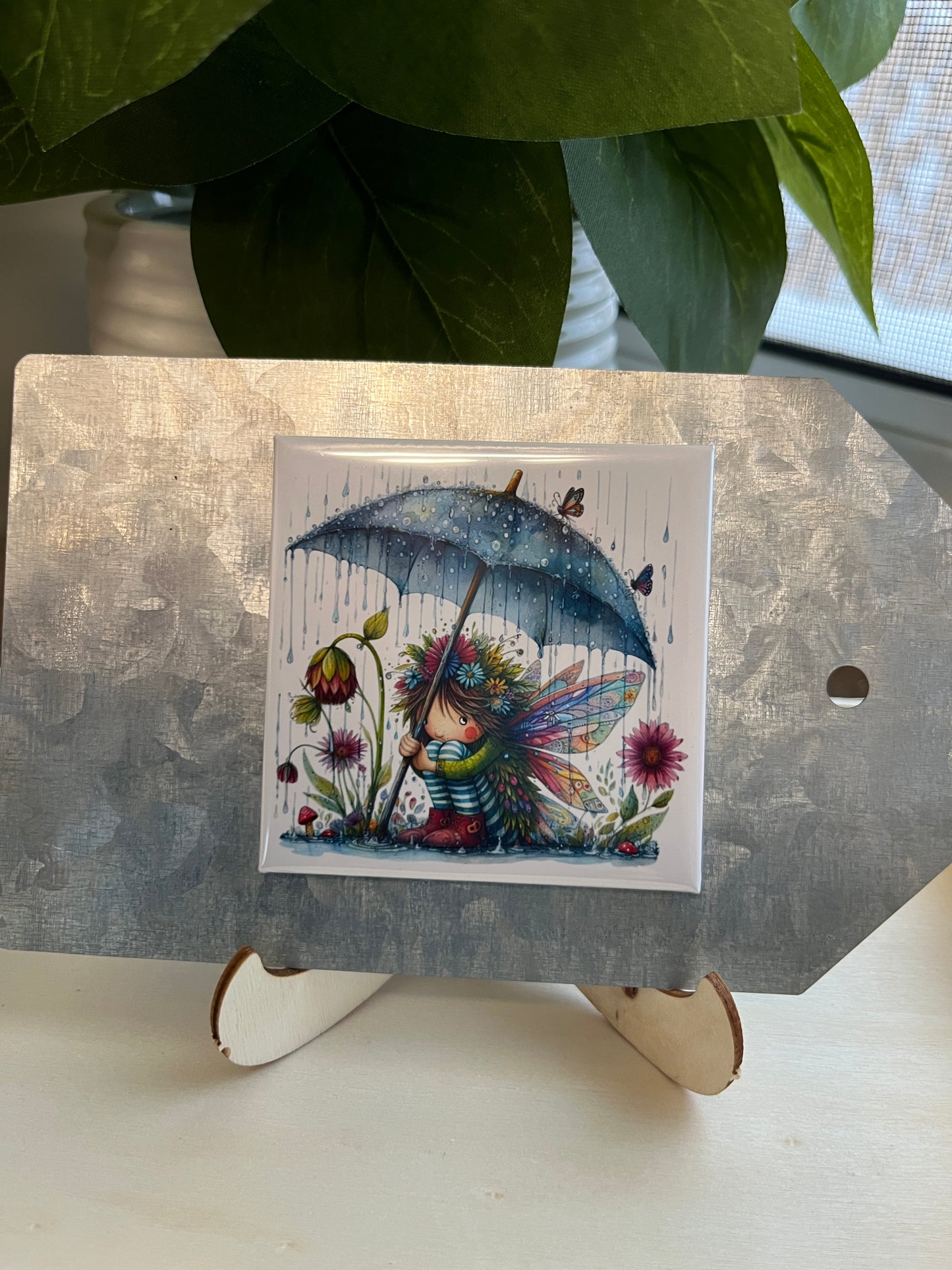 Spring Fairy with Blue Umbrella 2.5" Square Magnet