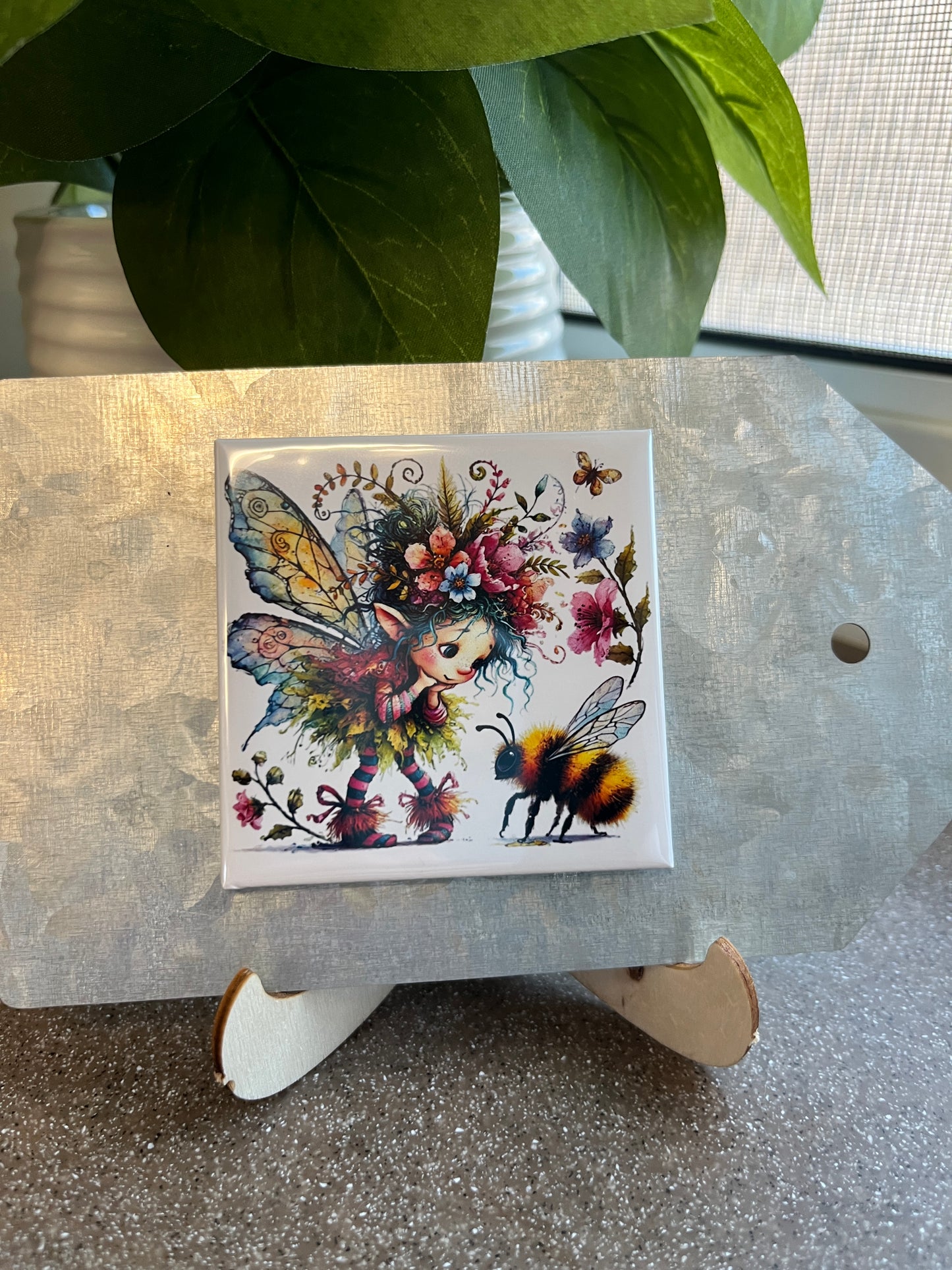 Spring Fairy with Bumble Bee 2.5" Square Magnet