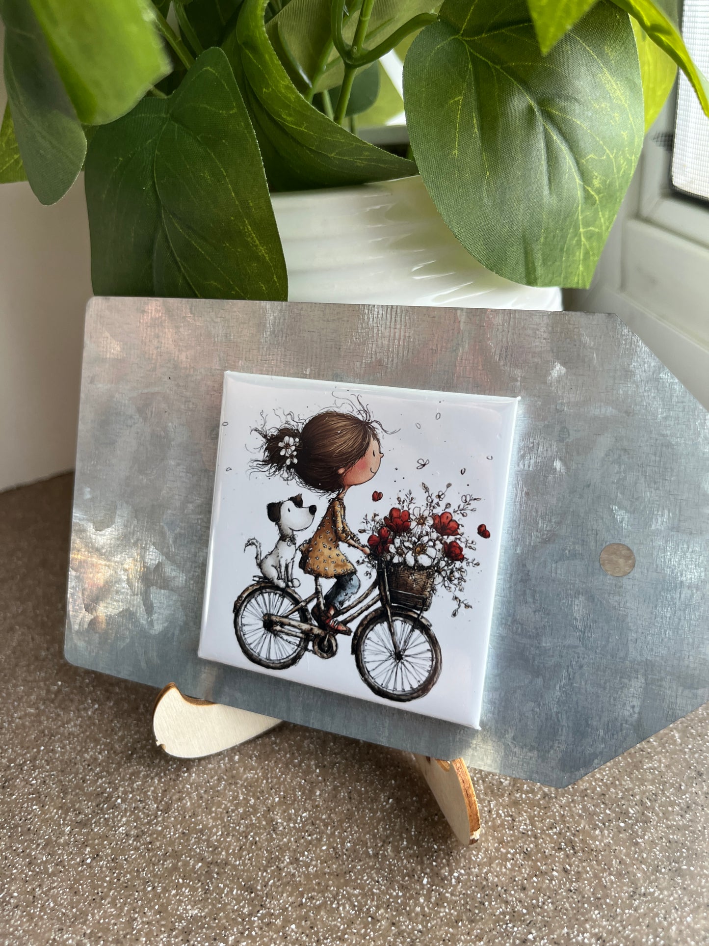 Girl And Dog On A Bike 2.5" Square Magnet