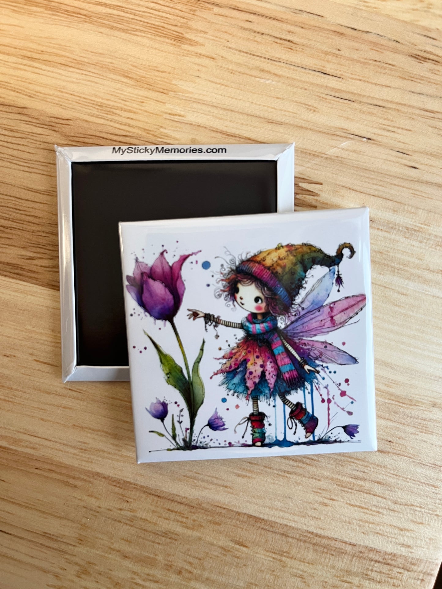 Spring Fairy with Purple Flower 2.5" Square Magnet