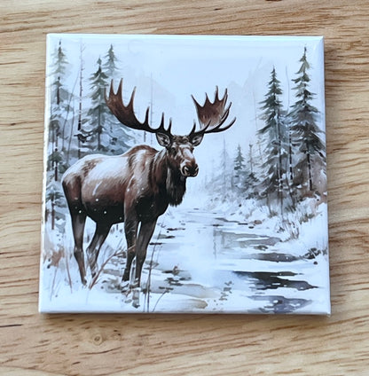 Watercolor Moose Art 2.5" Square Magnet
