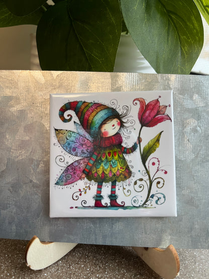 Spring Fairy with Fuchsia Flower 2.5" Square Magnet