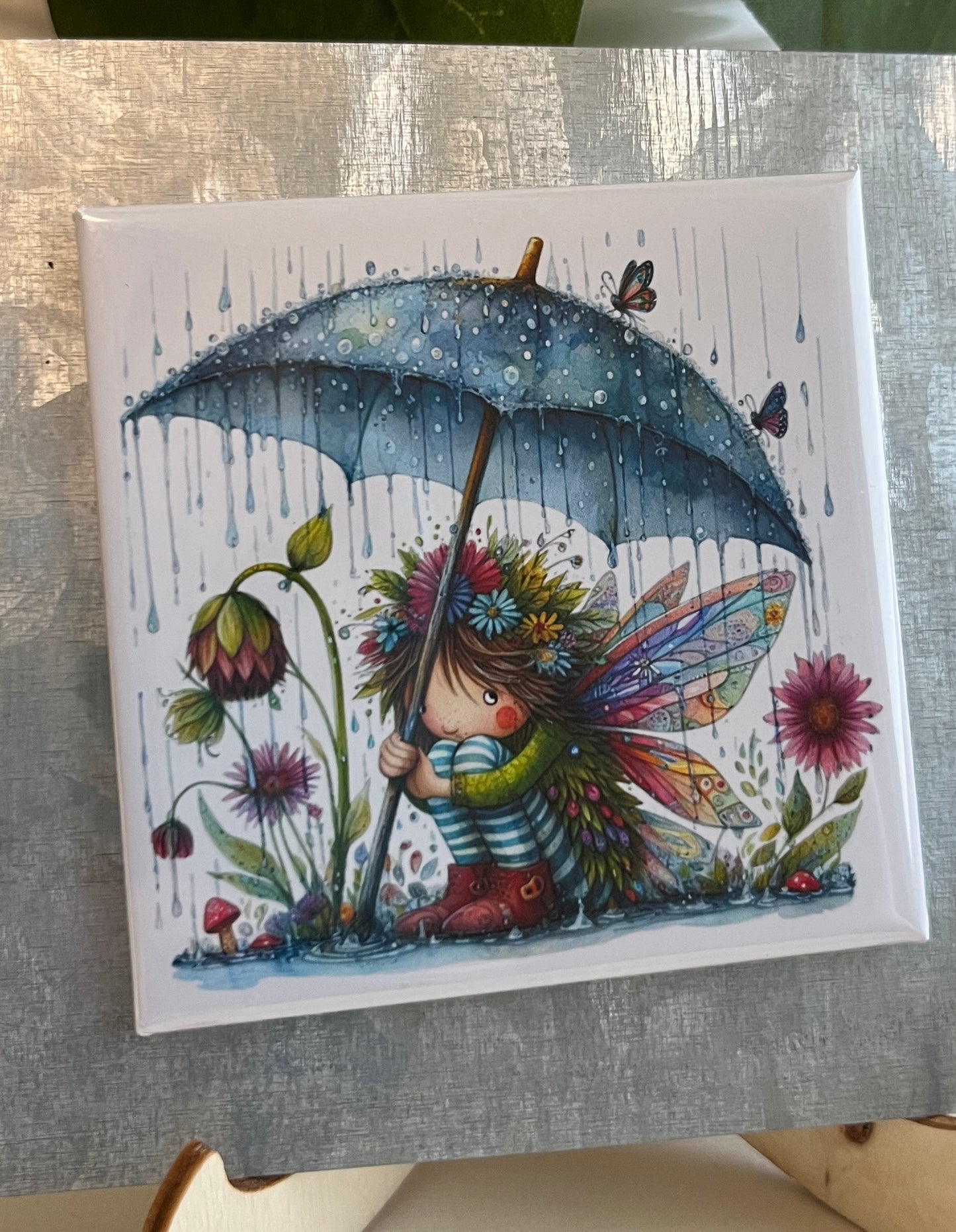 Spring Fairy with Blue Umbrella 2.5" Square Magnet
