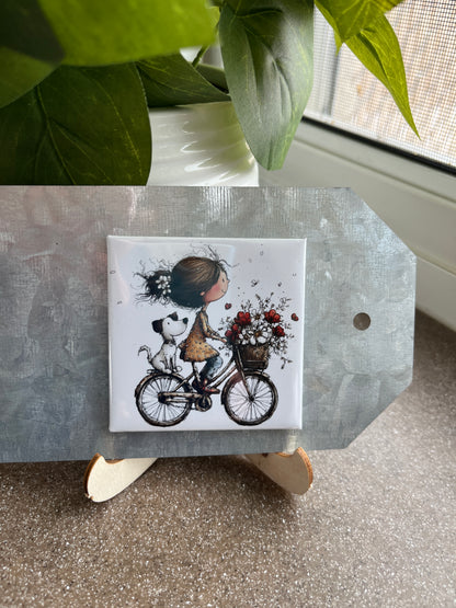 Girl And Dog On A Bike 2.5" Square Magnet