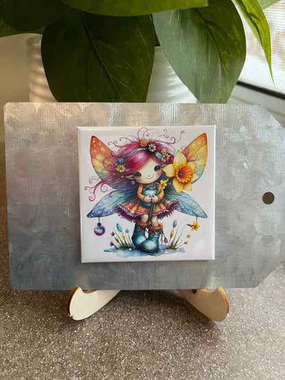 Spring Fairy with Yellow Flower 2.5" Square Magnet