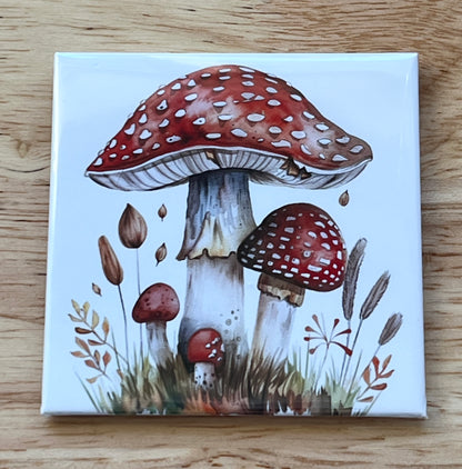 Watercolor Red Mushroom Art 2.5" Square Magnet