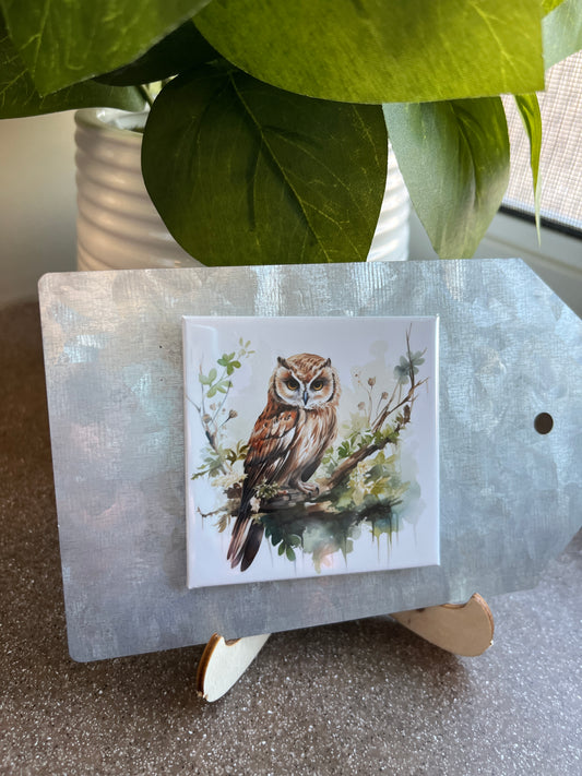 Watercolor Owl Art 2.5" Square Magnet