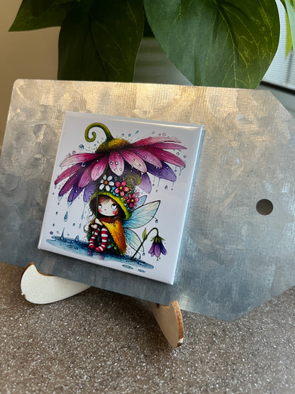 Spring Fairy with Purple Flower Umbrella 2.5" Square Magnet