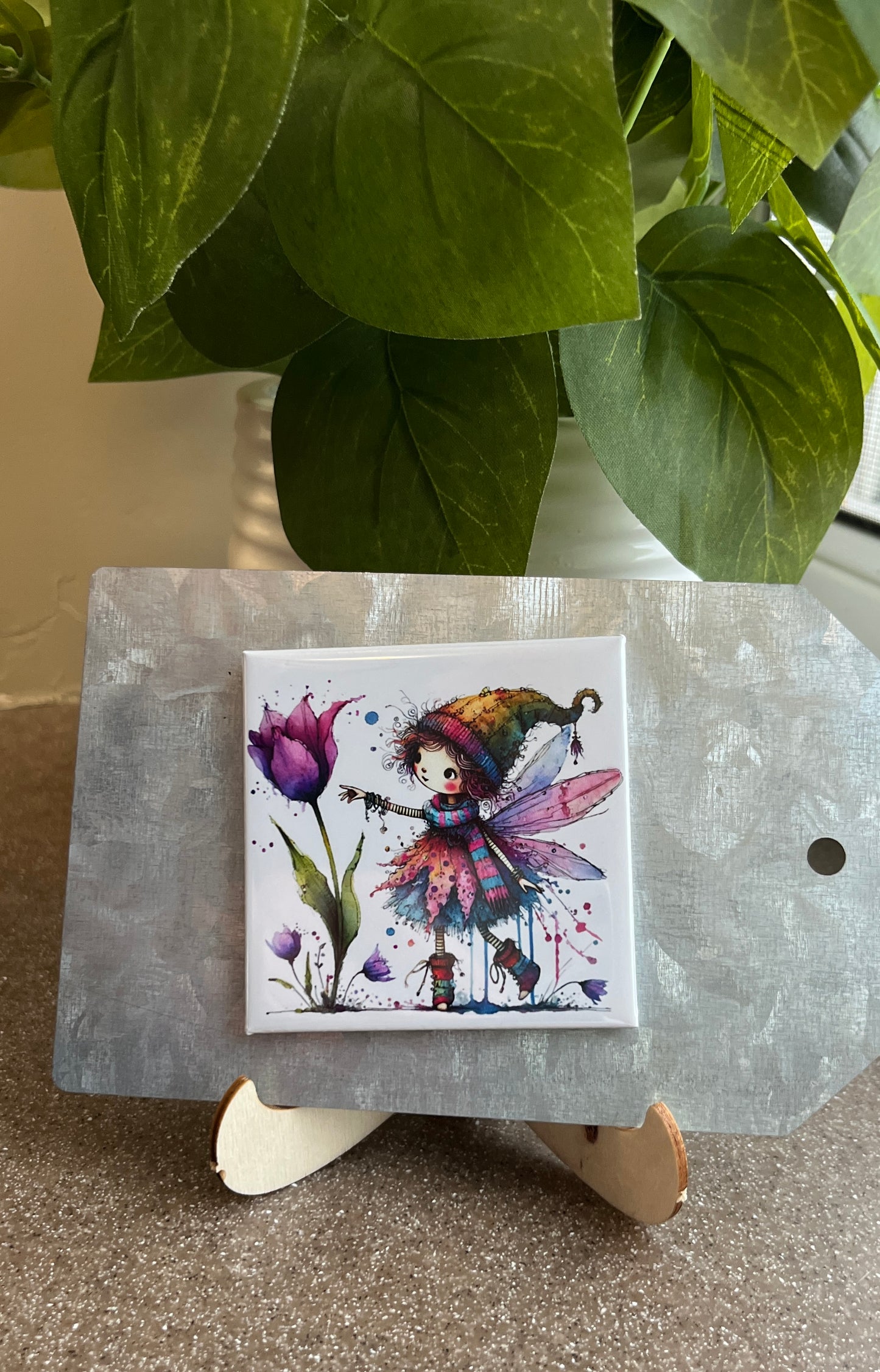 Spring Fairy with Purple Flower 2.5" Square Magnet