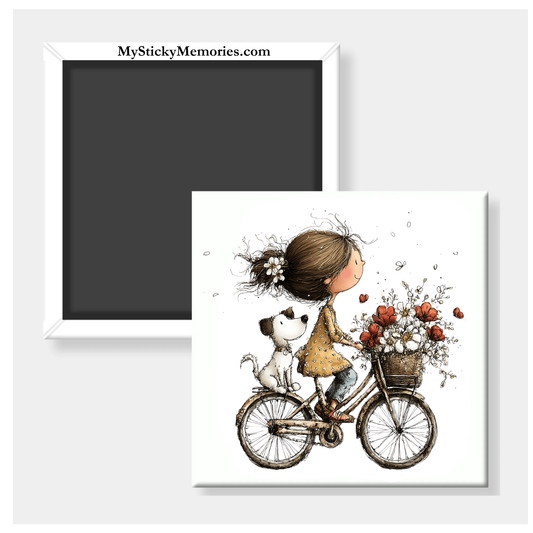 Girl And Dog On A Bike 2.5" Square Magnet
