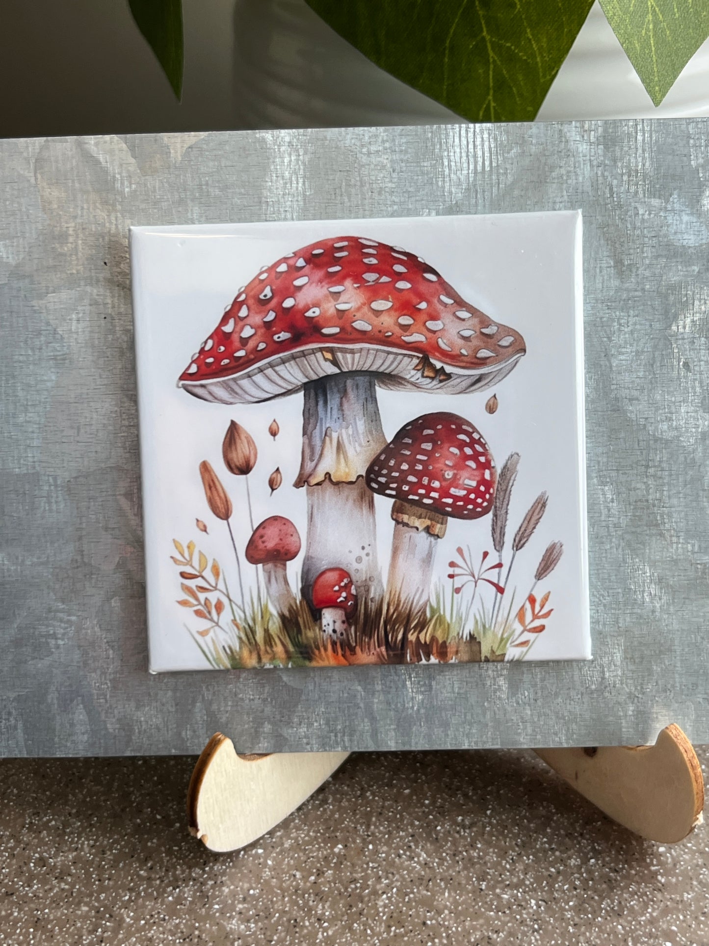 Watercolor Red Mushroom Art 2.5" Square Magnet