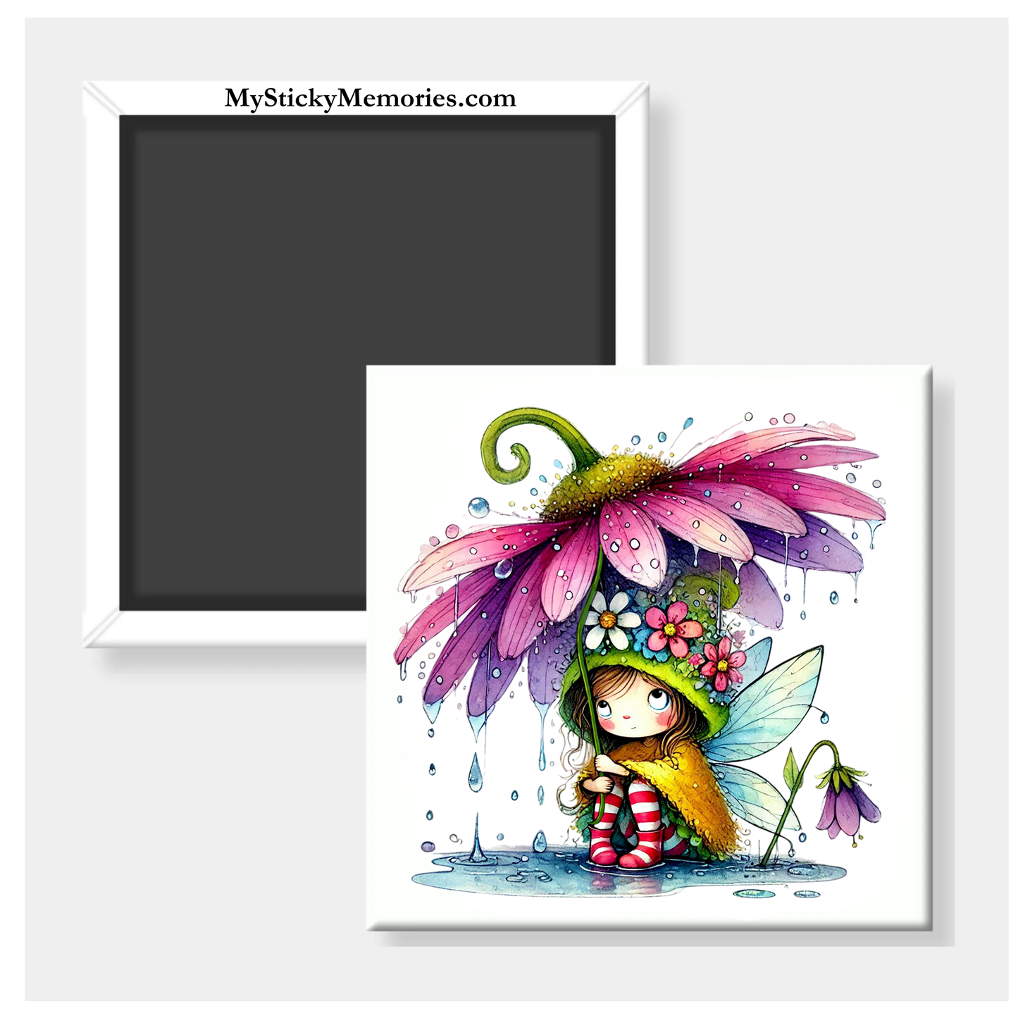 Spring Fairy with Purple Flower Umbrella 2.5" Square Magnet