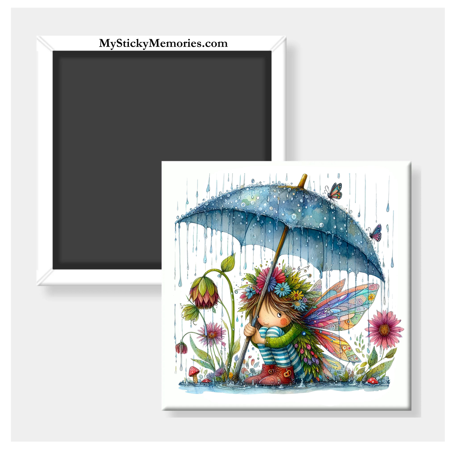 Spring Fairy with Blue Umbrella 2.5" Square Magnet