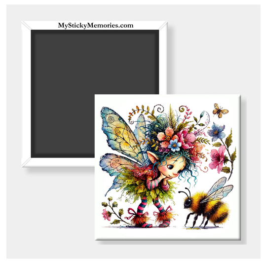 Spring Fairy with Bumble Bee 2.5" Square Magnet