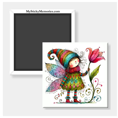 Spring Fairy with Fuchsia Flower 2.5" Square Magnet