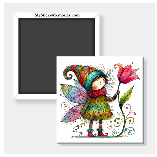 Spring Fairy with Fuchsia Flower 2.5" Square Magnet