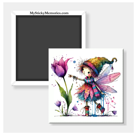 Spring Fairy with Purple Flower 2.5" Square Magnet