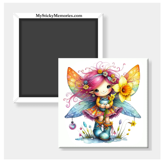 Spring Fairy with Yellow Flower 2.5" Square Magnet