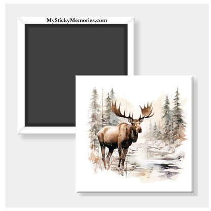 Watercolor Moose art Magnet. Moose standing next to the snowy river.